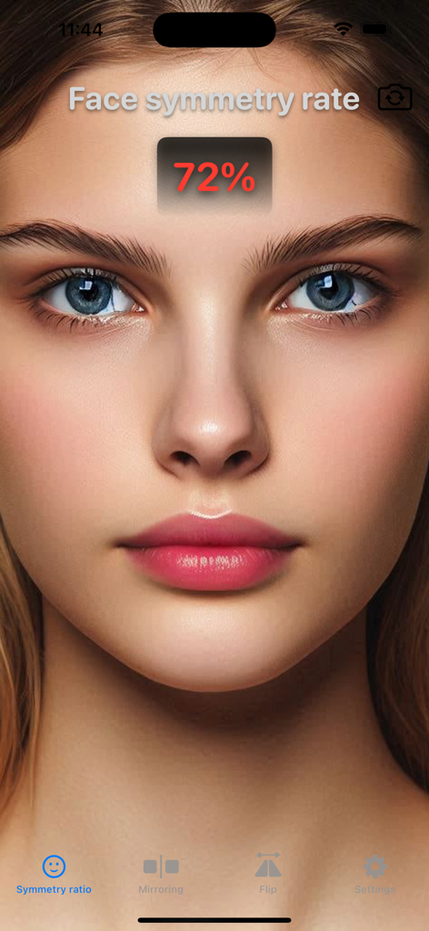 A mobile app screenshot showing a 72 percent face symmetry rate on a woman's portrait.