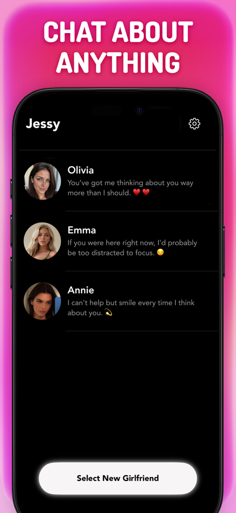 AI Girlfriend Chat: Jessy - Jessy AI Girlfriend app interface showing a list of AI character profiles and chat options