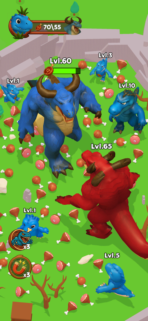 Dino World: Dinosaur Survival - 高レベルの青と赤の恐竜が3Dフィールドで戦闘している