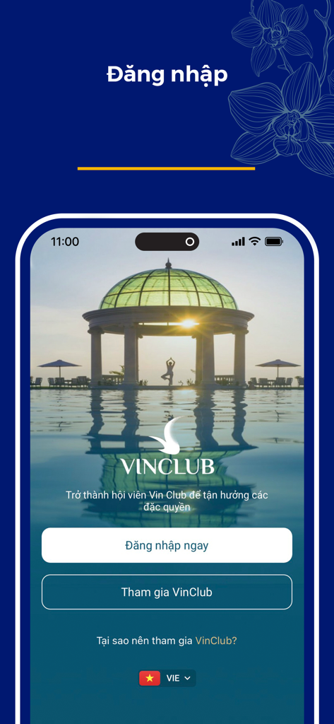 MyVinpearl app login page showing a luxury resort pool and yoga pavilion at sunrise.