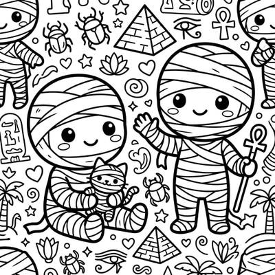 Discover a uniquely charming coloring experience with our Kawaii Child Mummies page. These adorable, bandaged friends and Egyptian symbols promise hours of delightful, creative fun.