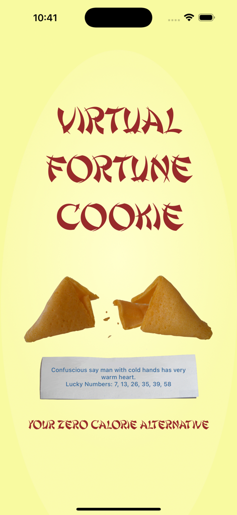 Virtual Fortune Cookie - Interfaz de la aplicación Virtual Fortune Cookie que muestra una galleta rota con un mensaje de la suerte y números de lotería
