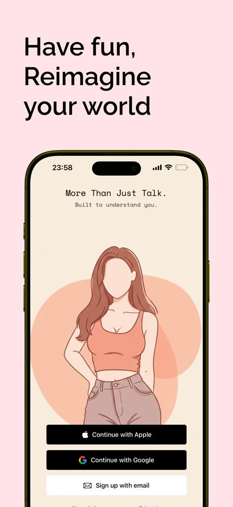 My AI Girlfriend - Pantalla de bienvenida de la aplicación Mi Novia IA con opciones de registro y un avatar ilustrado
