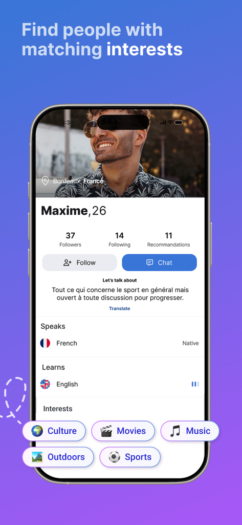 Speaky - Language Exchange - Speaky app screen showing a user profile with native language skills and common interests for language exchange