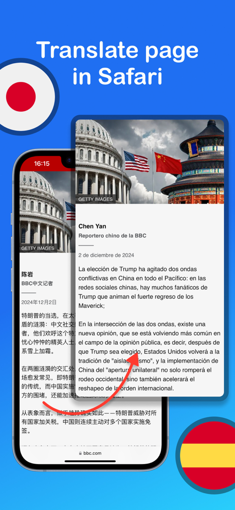 Translate Hola – AI Translator - A demonstration of the Translate Hola app translating a news webpage within the Safari browser
