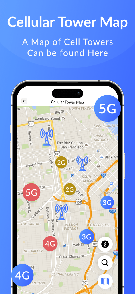 Mapa interactivo que muestra ubicaciones de antenas celulares 5G y 4G en la pantalla de un smartphone