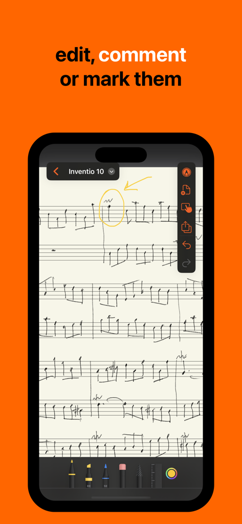 MusicPad - Partitura musical escrita a mano en la aplicación MusicPad con anotaciones de círculo amarillo y flecha