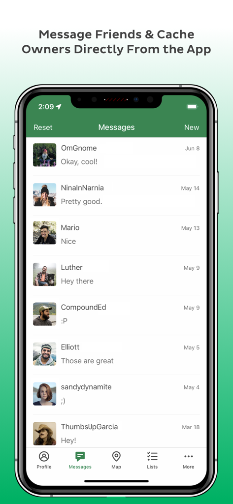 Geocaching app messaging screen showing a list of conversations with other players and cache owners.