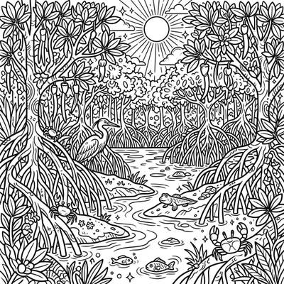 Immerse yourself in the unique ecosystem of a mangrove forest, brought to life with a dynamic Pop Art style. This detailed coloring page features intricate roots, exotic wildlife, and bold lines, promising hours of creative fun.
