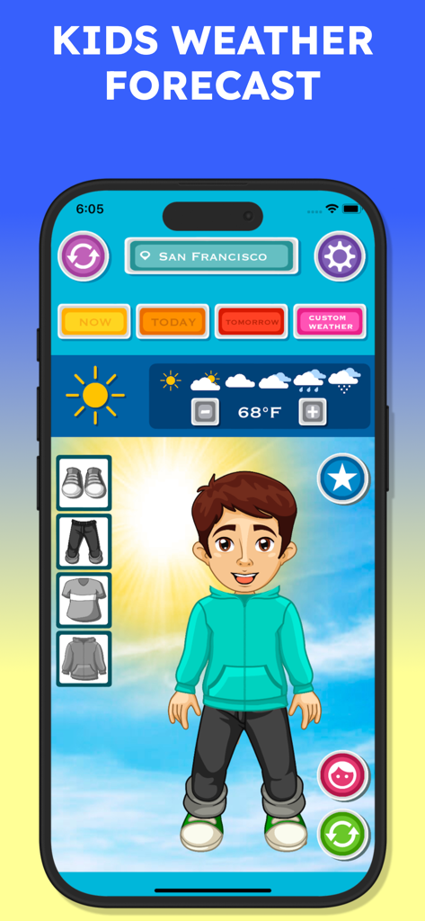 Forecast & What to Wear - A mobile app interface for children showing a boy avatar dressed in a hoodie and pants for a 68 degree day in San Francisco