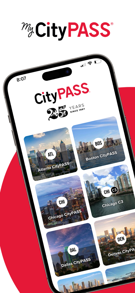 My CityPASS app screen showing travel pass options for major US cities like Atlanta and Boston