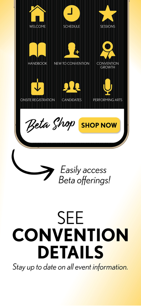 National Beta Mobile App - Interfaz de la Aplicación Móvil National Beta que muestra iconos para horarios de eventos, sesiones y la Tienda Beta para mantenerse al día con los detalles de la convención.