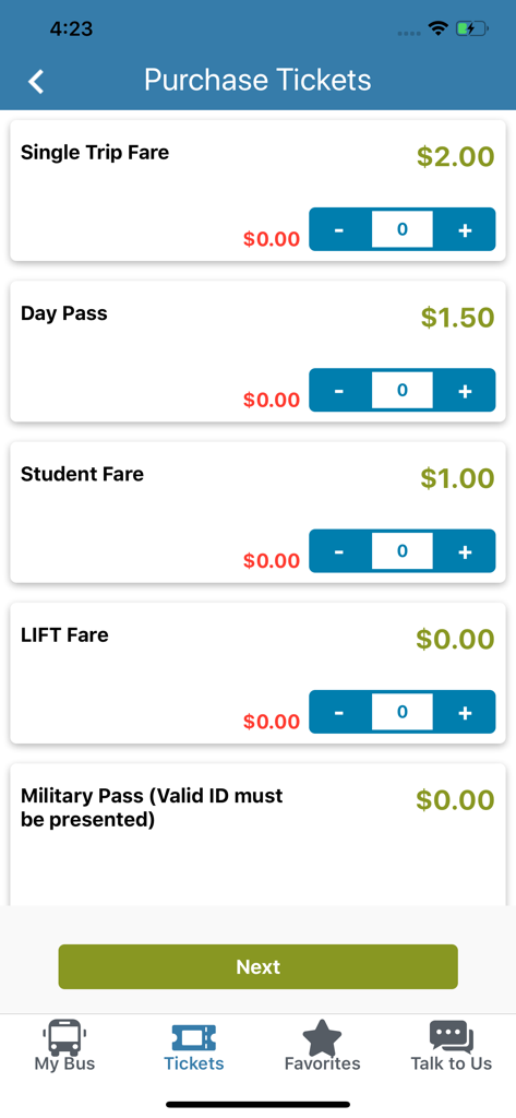 Ride Sun Metro - Screenshot of the Ride Sun Metro app Purchase Tickets screen showing various bus fare options including Single Trip, Day Pass, and Student Fare.
