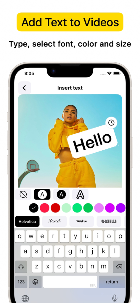 iPhone interface showing the VideoCam+ app adding customized text and fonts to a video recording