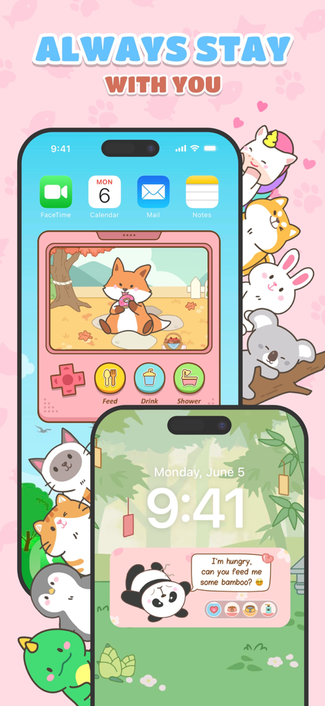 Pet Pal Paw - Pet Pal Paw app showcasing cute animal virtual pet widgets on iPhone home and lock screens.