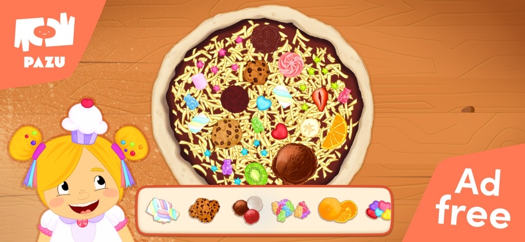 Pizza maker cooking games - Un personaje de dibujos animados decorando una pizza de postre de chocolate con dulces y frutas en un juego de cocina para niños sin anuncios.
