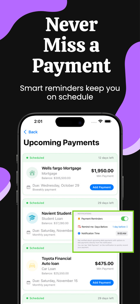 DebtZero - Debt Payoff Planner - Interfaz que muestra próximos pagos de deudas y recordatorios de notificaciones inteligentes