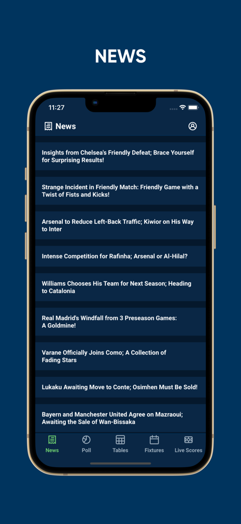 O feed de notícias do aplicativo de futebol Fut360 mostrando manchetes sobre transferências globais de futebol e resultados de jogos.