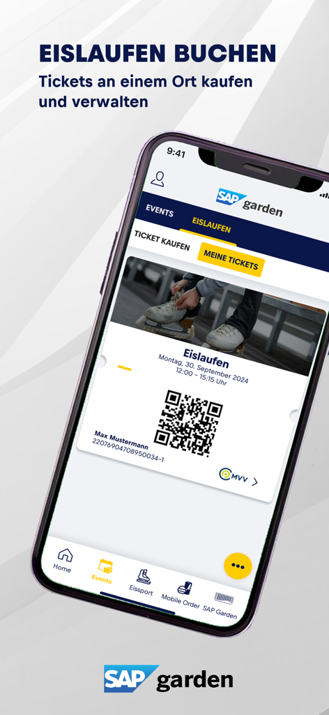 SAP Garden - SAPガーデンアプリ内でQRコードが付いたデジタルアイススケートチケットを表示しているスマートフォン