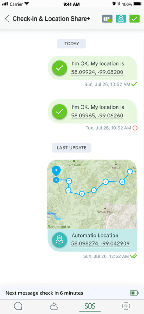 ZOLEO - ZOLEO app display of check-in messages and a breadcrumb trail map for safety tracking