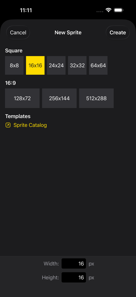 다양한 그리드 크기 사전 설정 및 사용자 지정 치수가 있는 새 픽셀 아트 스프라이트 생성 인터페이스.