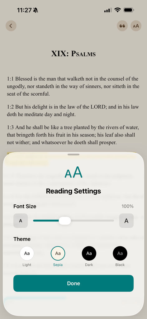 UniBook - Books without limits - Screenshot of the UniBook app showing reading settings to adjust font size and select themes like Sepia or Dark mode.