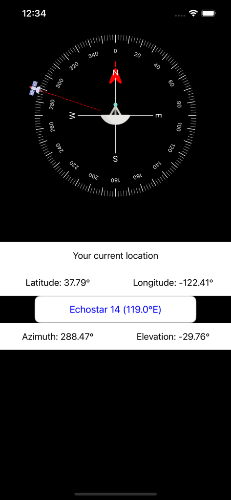 Satellite Align Pro - Interface do aplicativo Satellite Align Pro exibindo navegação de bússola em tempo real com coordenadas de azimute e elevação para alinhamento de satélite