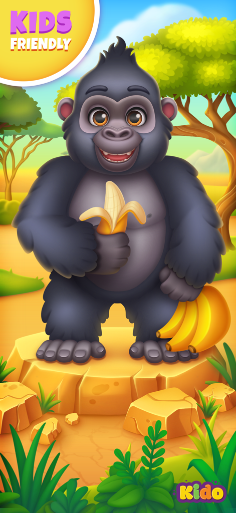 Safari Animals Games For Kids - Un amigable gorila de dibujos animados sosteniendo un plátano en un paisaje de safari de un juego para niños