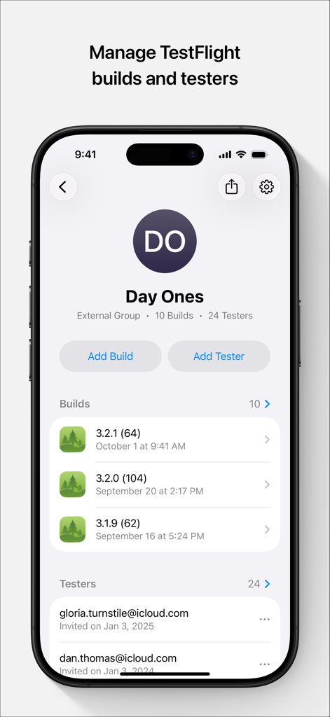 App Store Connect interface for managing TestFlight builds and external testers