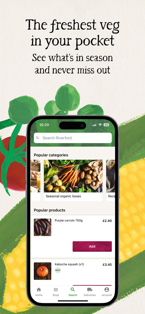 Mobile app interface for Riverford showing seasonal organic vegetable boxes and fresh produce categories.