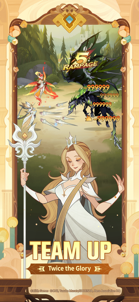 AFK Arena promotional image showing a priestess hero and a team battle scene with the text Team Up