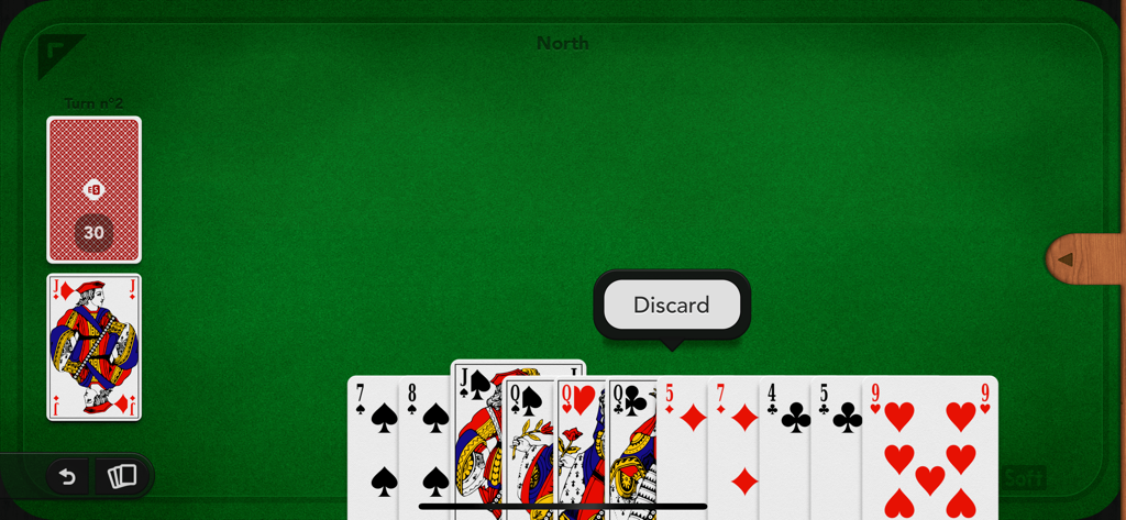 Gin Rummy - Gin Rummy mobile game interface showing a hand of cards on a green felt table