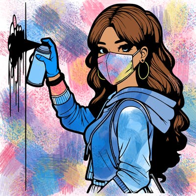 realistic girl with mask spray painting a wall