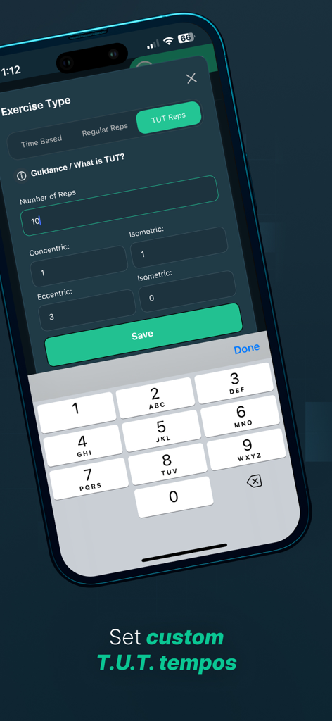 Workout Timer: Intervals & TUT - Uma tela de aplicativo móvel para definir tempos personalizados de Tempo Sob Tensão (TUT) para treino.