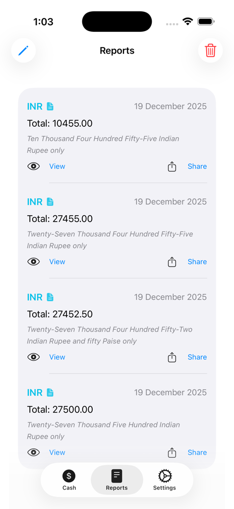 Cash Count –  Cash Calculator - 총 금액과 공유 버튼이 있는 저장된 현금 계산 기록을 표시하는 현금 계산기 앱의 보고서 화면.