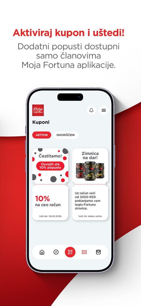 Moja Fortuna - Moja Fortuna app screen showing grocery coupons and loyalty rewards.