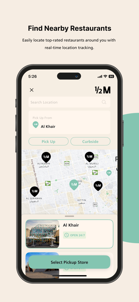 Half Million coffee app store locator map showing nearby branch locations for pickup and curbside