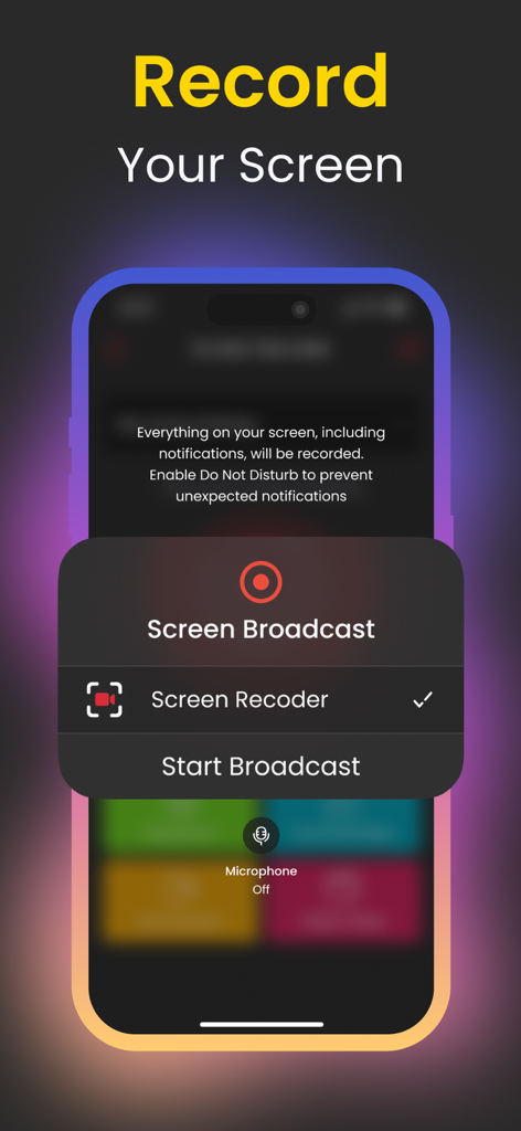 Screen Recorder – Record Video - A mobile phone screen displaying the interface to start a screen recording session.