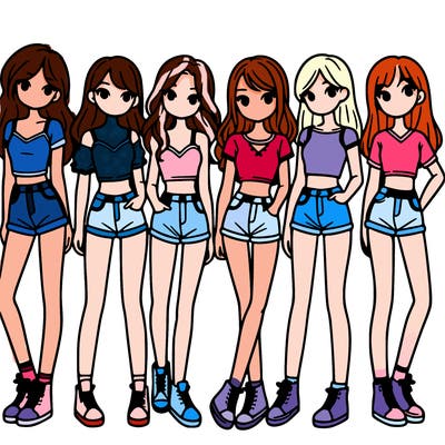 a group of girls wearing crop tops and shorts