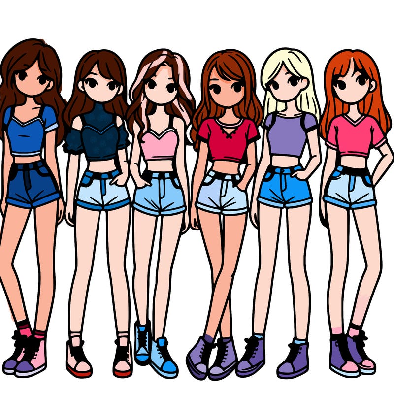 a group of girls wearing crop tops and shorts