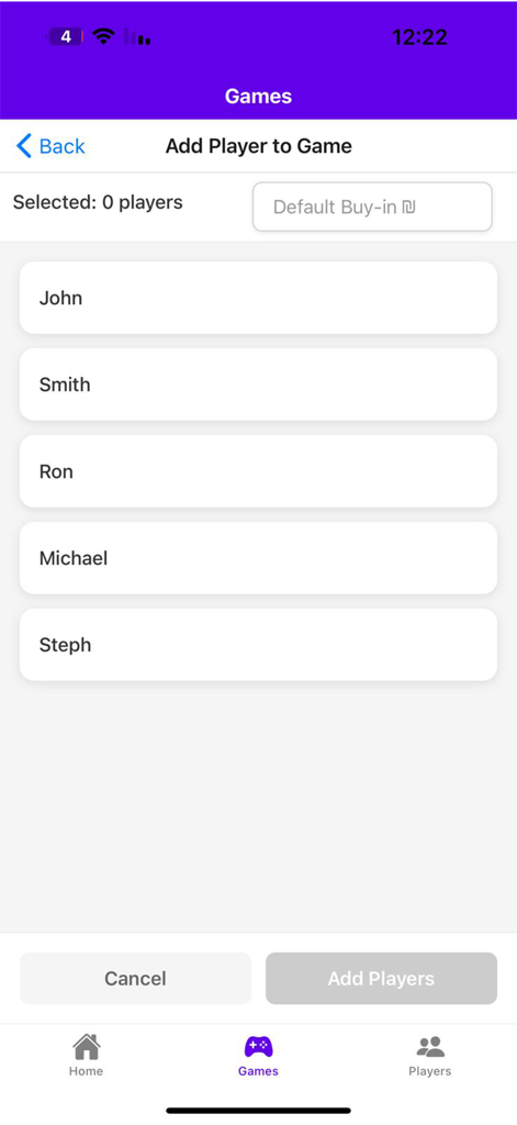 Poker Buy Manager - Interface para adicionar jogadores a uma sessão de jogo de poker com uma lista de seleção e configuração de compra