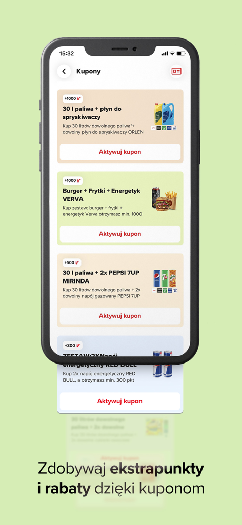 ORLEN VITAY - Pantalla de la aplicación móvil ORLEN VITAY que muestra cupones digitales para descuentos en combustible y comida