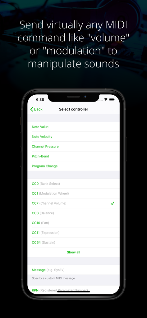 Schermata dell'app Midiflow Motion che mostra un menu per selezionare i controller MIDI e i parametri di cambio controllo come volume e modulazione