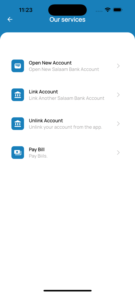 Salaam Bank - Mobile Banking - Services menu in the Salaam Bank mobile app showing options for opening and linking accounts or paying bills