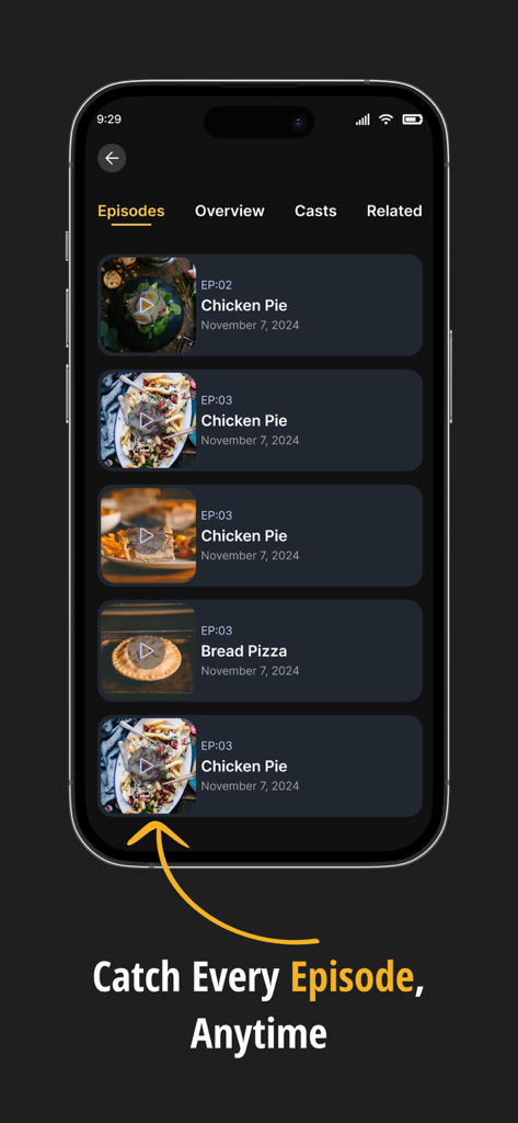 Interfaz de la aplicación NTV Kenya que muestra una lista de episodios de video a pedido disponibles