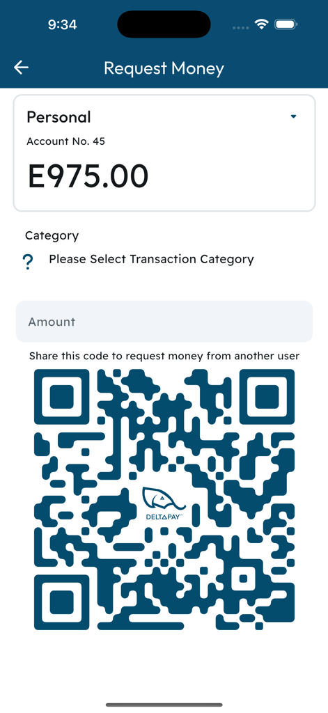DeltaPay Eswatini app screen showing a QR code for requesting money from other users.