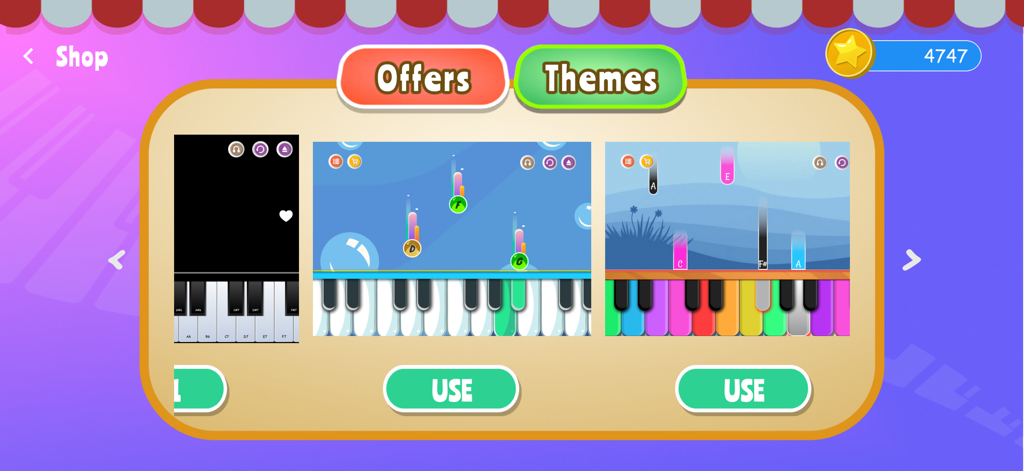 Piano Flow - Music Game - Piano Flow app shop showing different visual themes and skins for the virtual piano interface