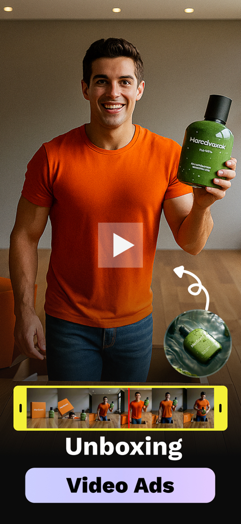 CGI Video Ads Maker - VFX Ads - 開封動画広告フレームで商品ボトルを持つ男性