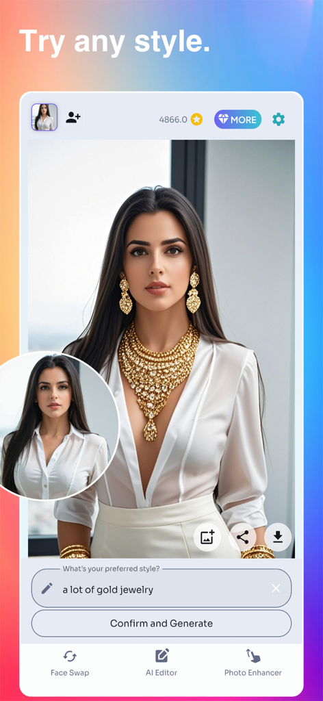 OLyne: AI Photo Editor, Art - AI photo editor screen showing a woman adding gold jewelry to her portrait through a text command