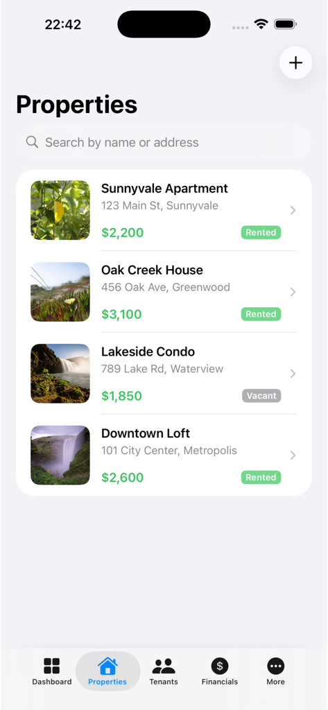 Property Rental Management - Interface de aplicação móvel a exibir uma lista de propriedades geridas, incluindo preços de aluguer e estado de ocupação